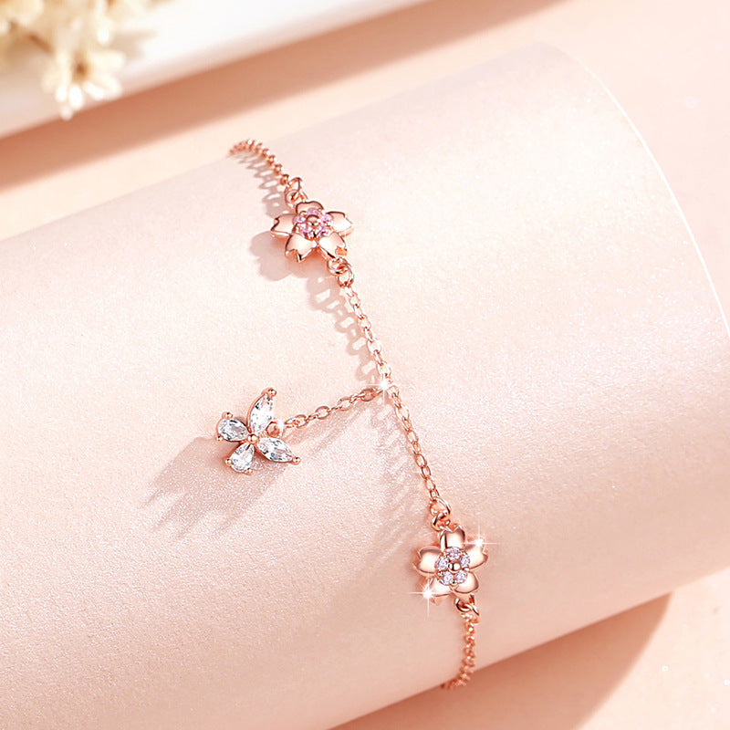 Butterfly Sterling Silver 925 Bracelet Female Niche Design Light Luxury Zircon Tassel Bracelet for INS Style Cherry Blossom Bracelet