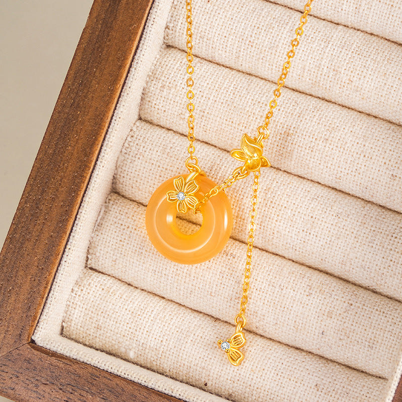 Butterfly Sterling Silver 925 Necklace Women's All-Match Sugar Red Agate Peach Blossom Clavicle Chain Ins Cherry Blossom Tassel Pendant