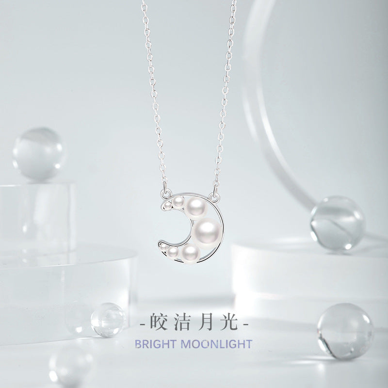 Moon Sterling Silver 925 Necklace Female Niche Light Luxury High-Grade Shijia Pearl Clavicle Chain Ins Style Star Pendant