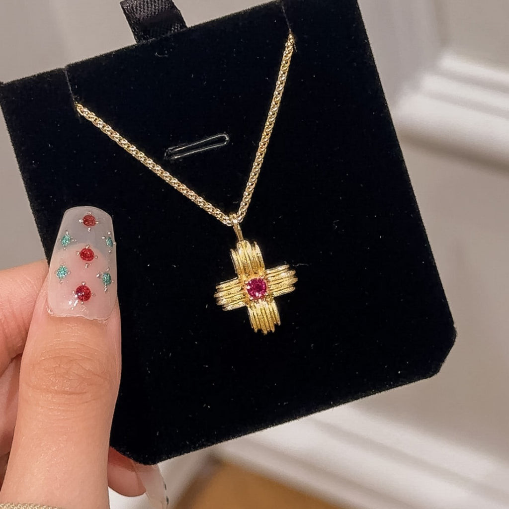 Mid-Ancient Palace Style Cross Flower Sterling Silver 925 Necklace Women's Light Luxury High-Grade Brushed Clavicle Chain Ins Texture Pendant