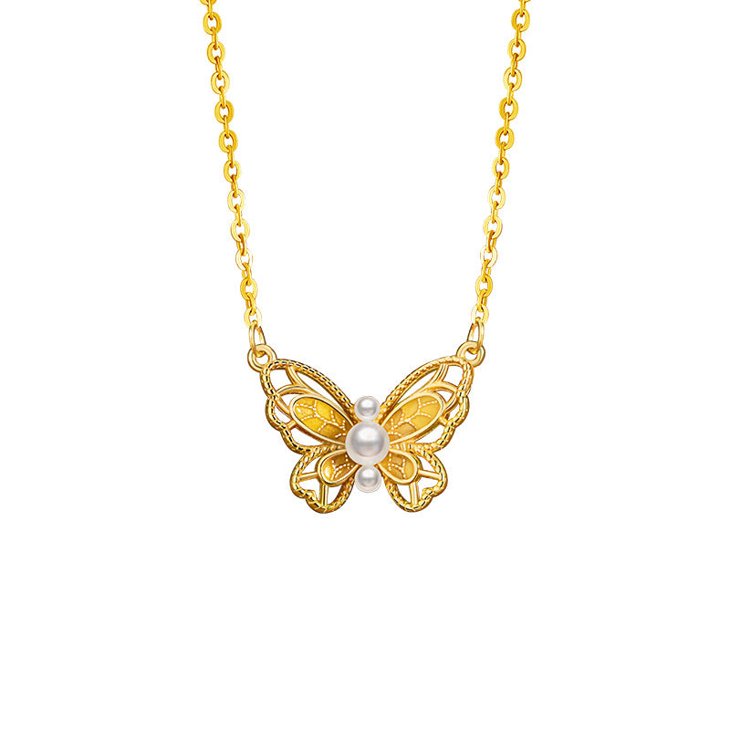 Halskette aus 925er Sterlingsilber – Schmetterling und Perlendetail