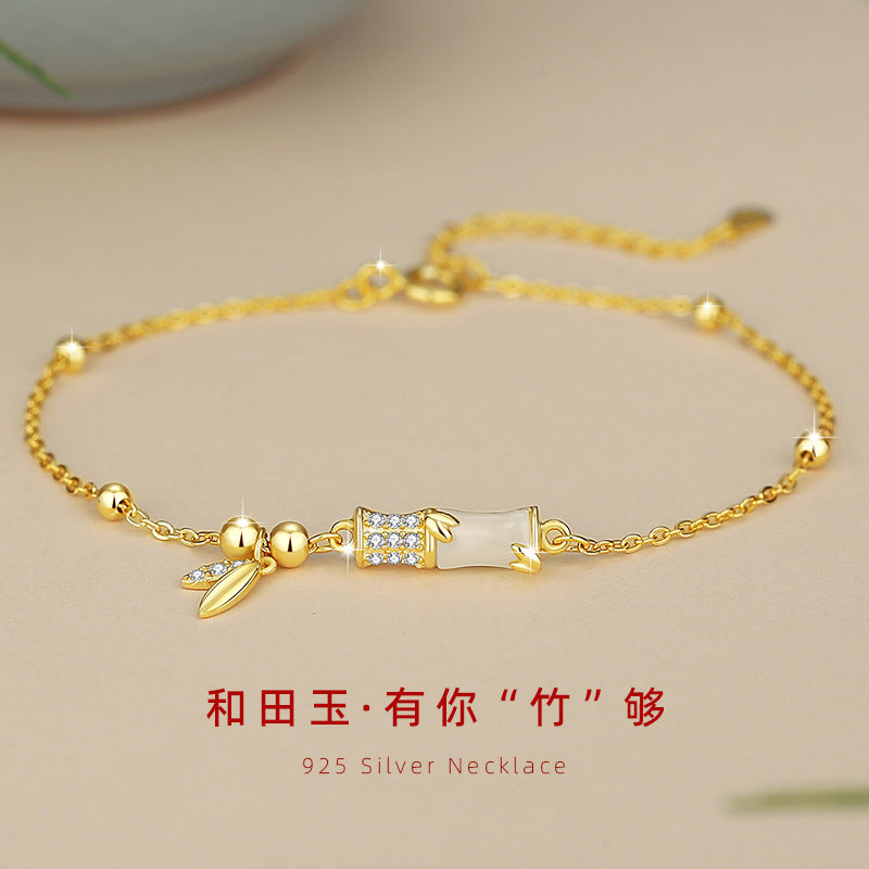 Festival High-Rise Hetian Jade Sterling Silver 925 Bracelet Women's National Fashion Light Luxury Bamboo Bracelet Ins Style Zircon Bracelet