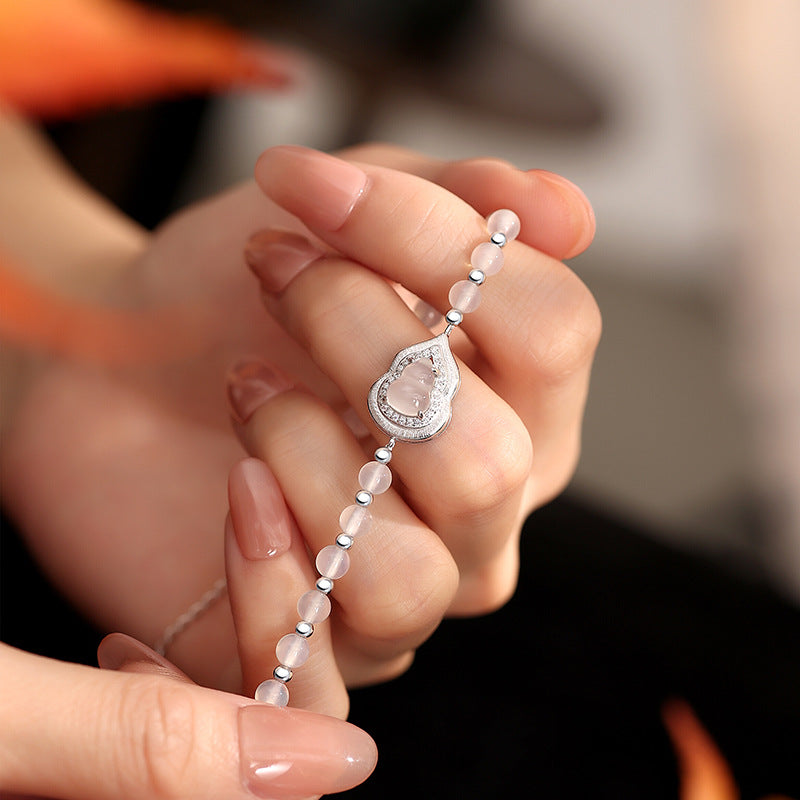 New Chinese Hetian Jade White Chalcedony Fu Lu Gourd Set S925 Sterling Silver Necklace Bracelet Ring Earrings Four-Piece Set