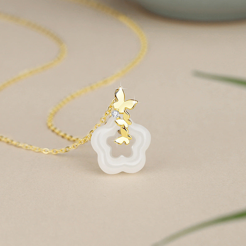 Butterfly Sterling Silver 925 White Jade Necklace Women's Fashion Versatile Flower-like Brocade Clavicle Chain Ins Style Plum Pendant