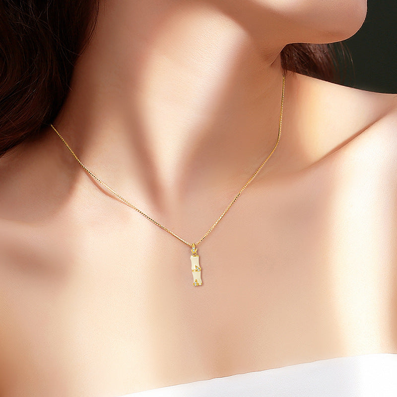 Festival High-Rise Hetian Jade Sterling Silver 925 Necklace National Fashion Ethnic Style Bamboo Clavicle Chain Ins Bamboo Zircon Pendant
