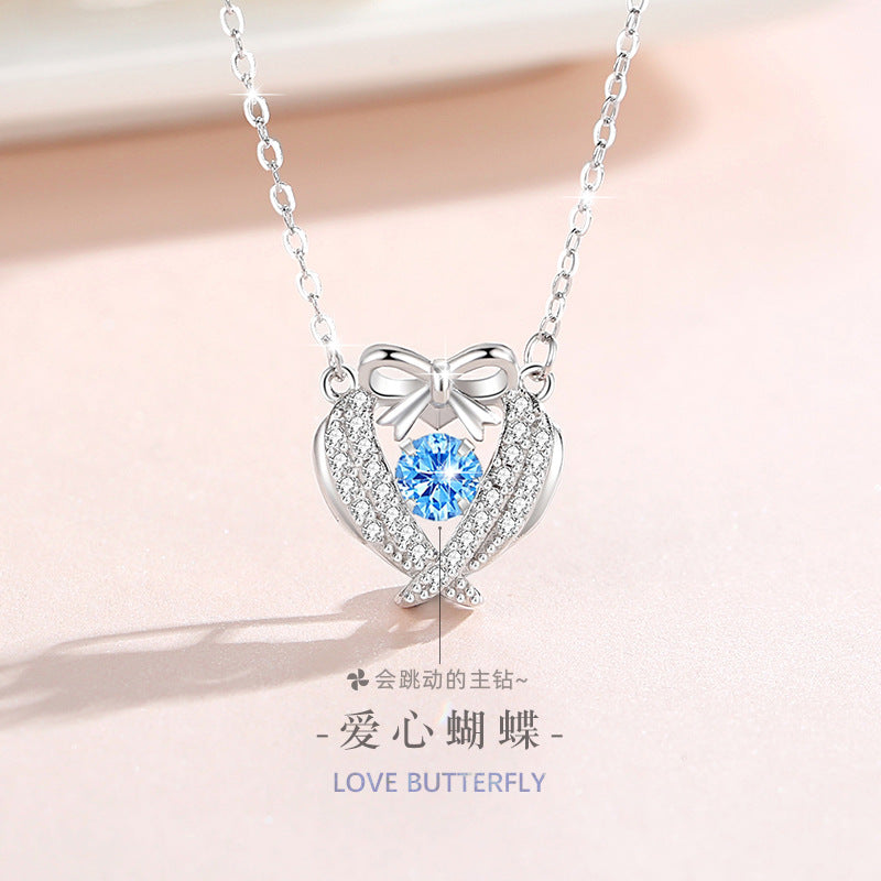 Heart-Shaped Smart Sterling Silver 925 Necklace Women's Bracelet All-Match Zircon Clavicle Chain Gift Ins Style Bow Pendant
