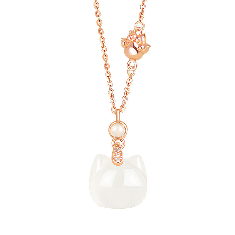 National Fashion Cat White Chalcedony Necklace Female Original S925 Sterling Silver Cat Claw Clavicle Chain Internet Celebrity Live Supply Delivery
