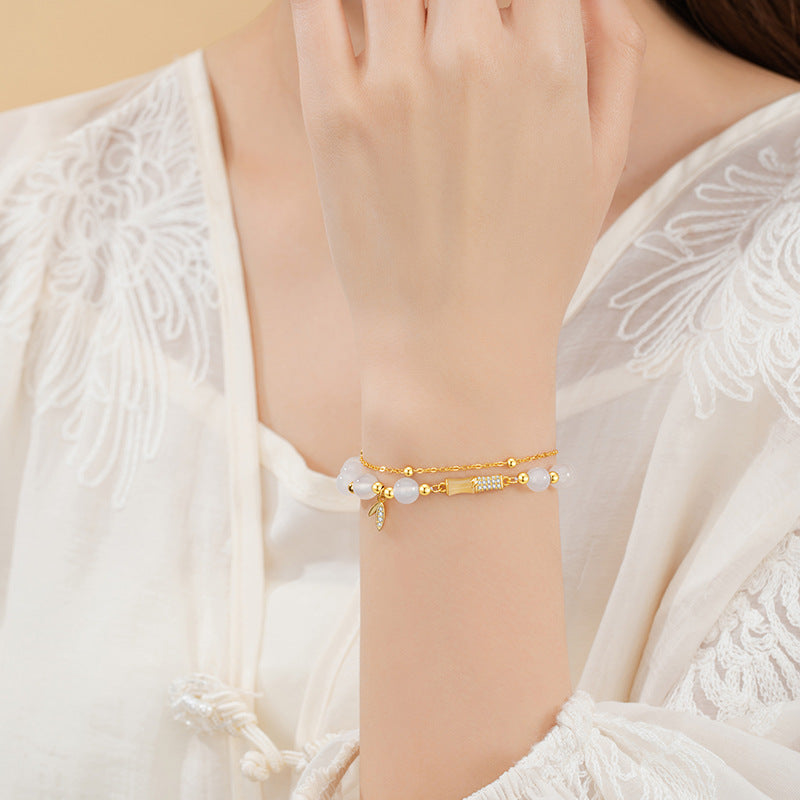 Hetian Jade Sterling Silver 925 Bracelet Women's Court Style High-Grade Bamboo Bracelet New Chinese Style Ins Style Chalcedony Bracelet