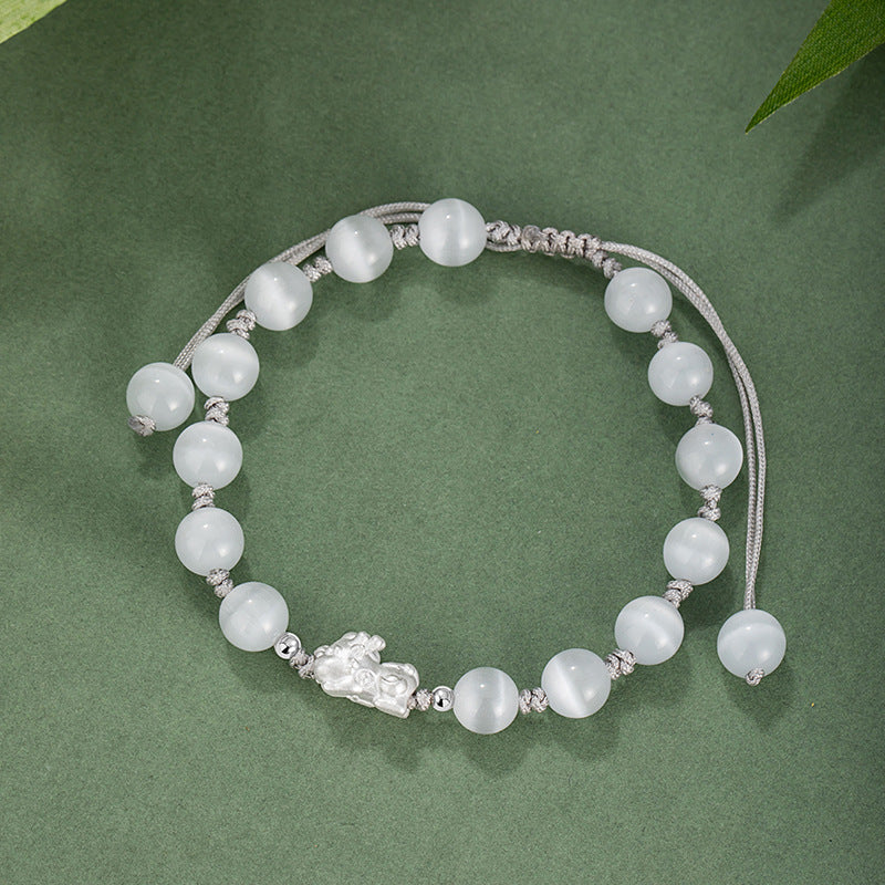 Pure Silver 999 Couple Bracelet Light Luxury High-Grade Opal Bracelet Valentine's Day Gift Black Agate Bracelet