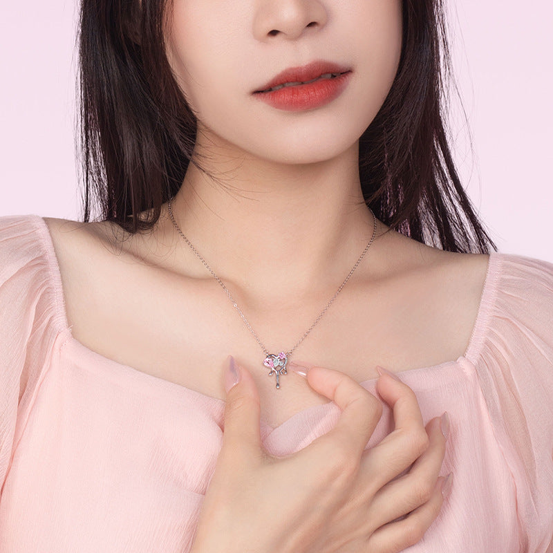 Lovely Sterling Silver 925 Necklace Women's Fashion All-Match Pink Diamond Clavicle Chain Valentine's Day Gift Key Zircon Pendant