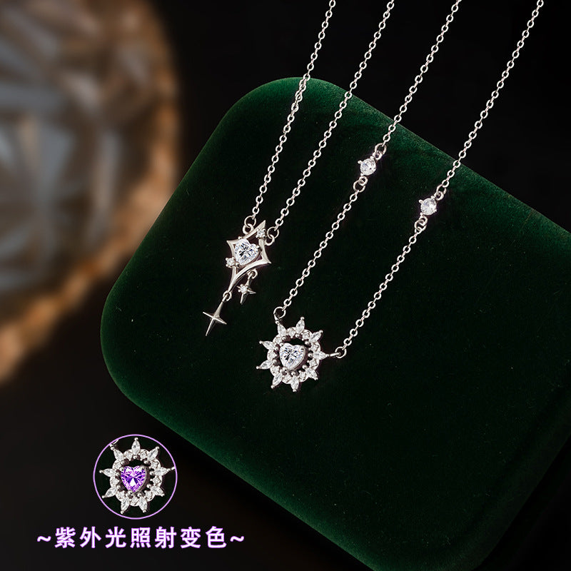 S925 Sterling Silver Necklace Female UV Color-Changing Lovely Zircon Niche Light Luxury Clavicle Chain Birthday Gift for Girlfriend