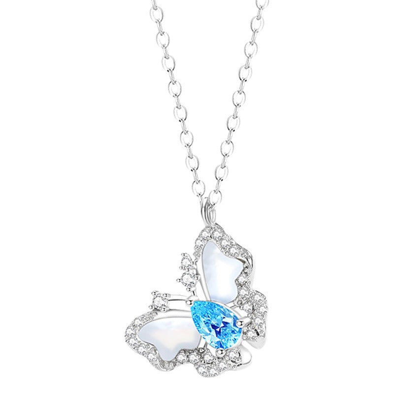 Original Butterfly Sterling Silver 925 Necklace Women's Fashion Versatile Ocean Blue Zircon Clavicle Chain Ins Style White Fritillary Pendant