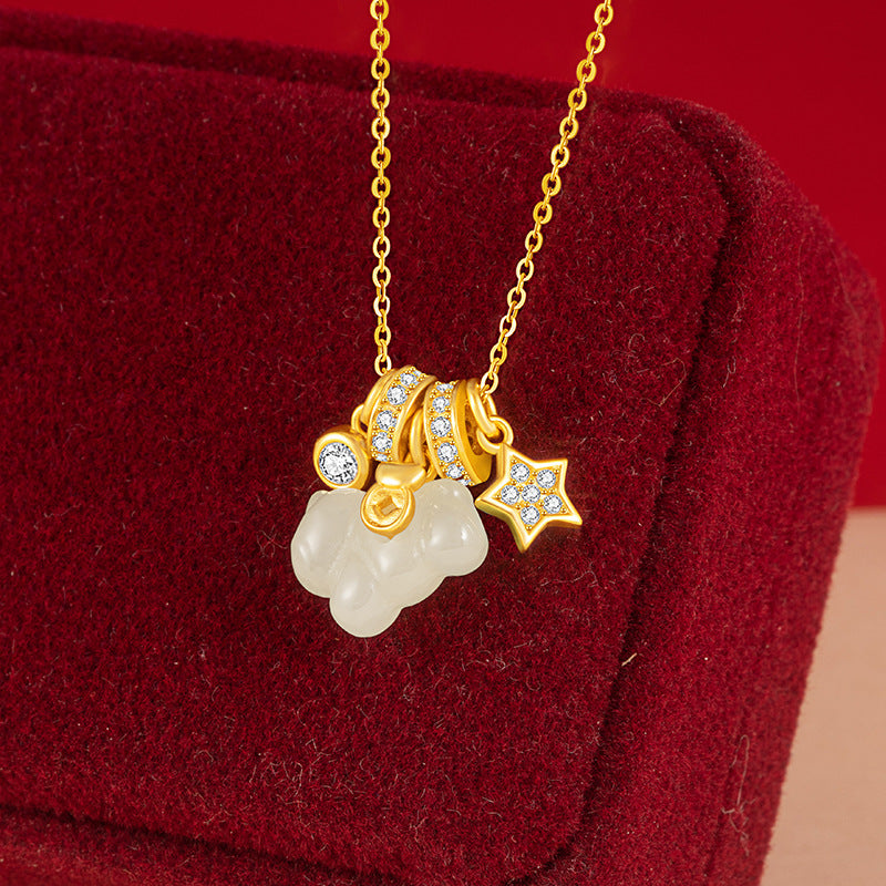 Collana in argento sterling 925 – fiore e stella e giada Hetian