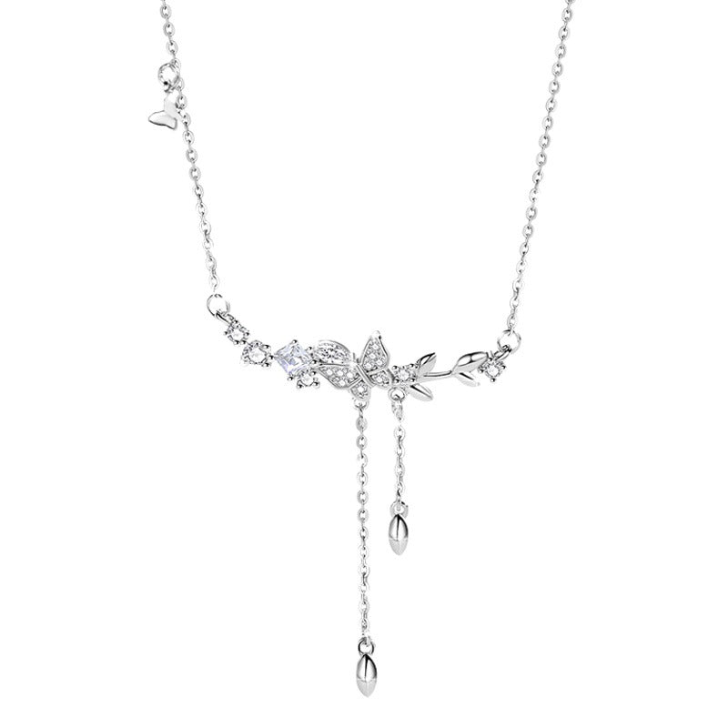 Butterfly Sterling Silver 925 Necklace Female Personality Fashion Versatile Zircon Clavicle Chain Ins Delogistics Su Flower Pendant