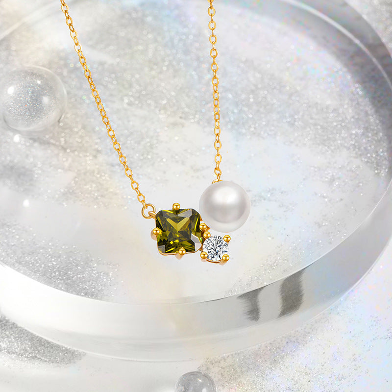 Small Square Sugar Sterling Silver 925 Necklace Fashionable Versatile Shijia Pearl Clavicle Chain Ins Light Luxury Style Sea Blue Zirconium Pendant