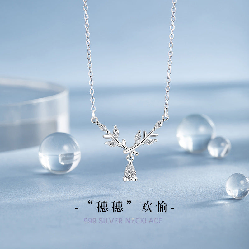 Wheat Ear Foot Silver 999 Necklace Women's Fashion All-Match Ear Safety Clavicle Chain Ins Style Laurel Goddess Pendant