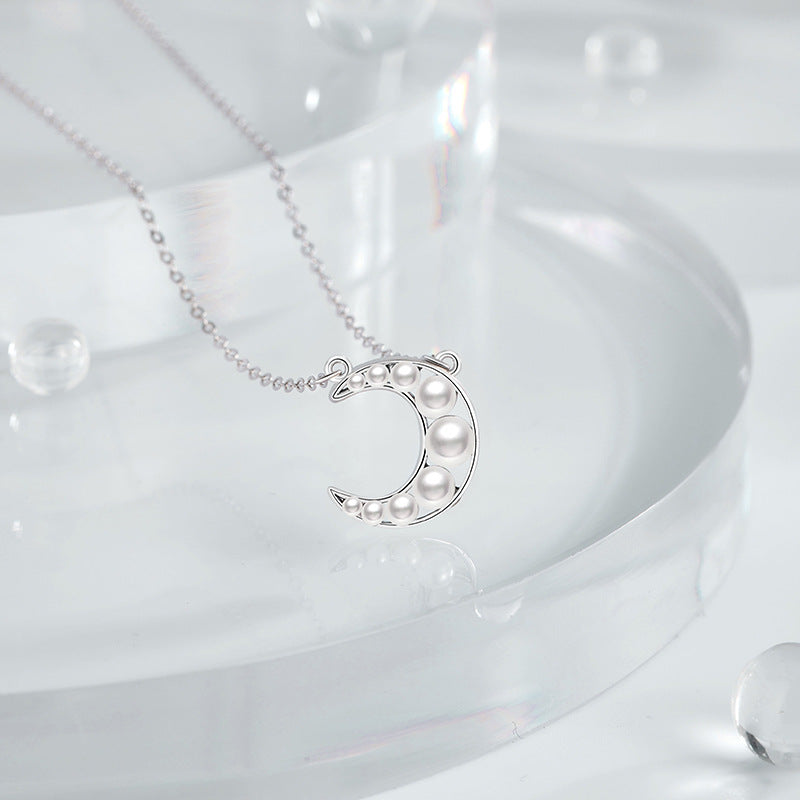 Moon Sterling Silver 925 Necklace Female Niche Design Light Luxury Shijia Pearl Clavicle Chain Ins Style Star Pendant