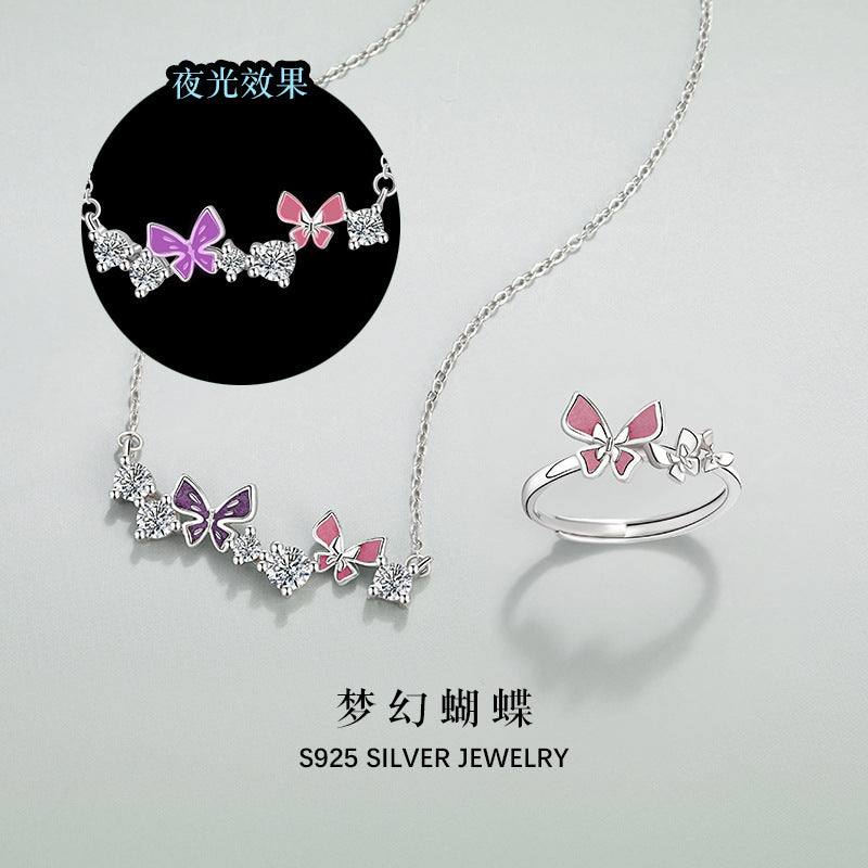 Butterfly Sterling Silver 925 Luminous Necklace Female Niche Design Light Luxury Zircon Clavicle Chain Ins Style Star Pendant