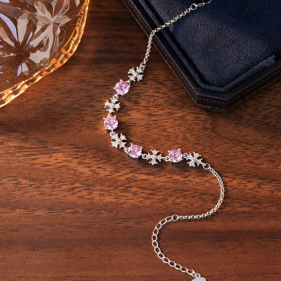 Cross Sterling Silver 925 Bracelet Women's Light Luxury High-Grade Zircon Star Bracelet Ins Little Red Book Cross Flower Bracelet