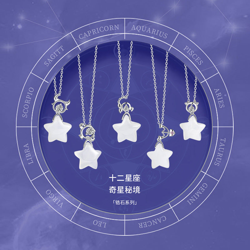 Twelve Constellation Sterling Silver 925 Necklace Female Niche Design Light Luxury Chalcedony Clavicle Chain Ins Style Five-Pointed Star Pendant