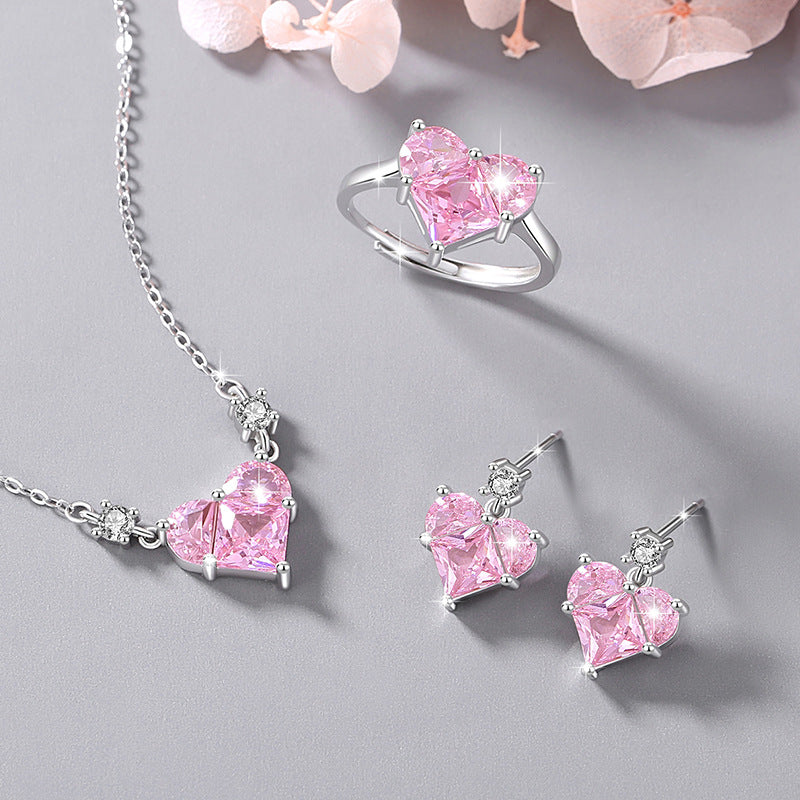 Heart-Shaped Sterling Silver 925 Necklace for Women, Niche Design, Light Luxury Pink Diamond Clavicle Chain, INS Style Heart-Shaped Pendant