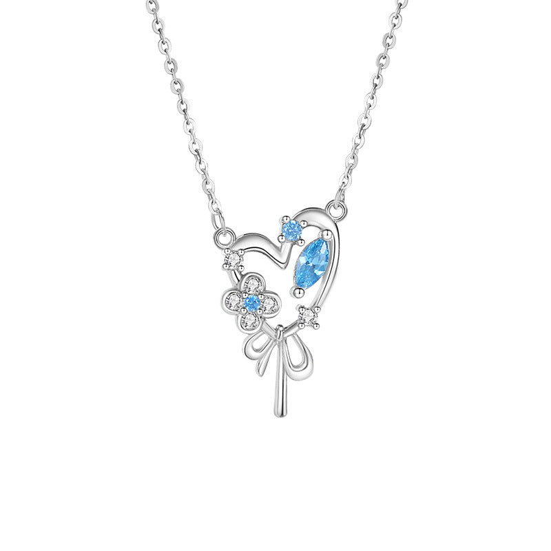 Lovely Sterling Silver 925 Necklace Women's Fashion All-Match Lucky Clover Clavicle Chain Ins Bow Key Pendant