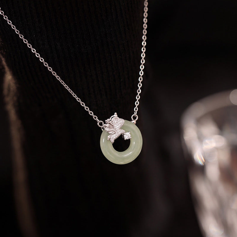 Hetian Jade Unicorn Pendant S925 Sterling Silver Necklace New Chinese Style Safety Buckle Clavicle Chain Niche National Style Silver Jewelry for Women