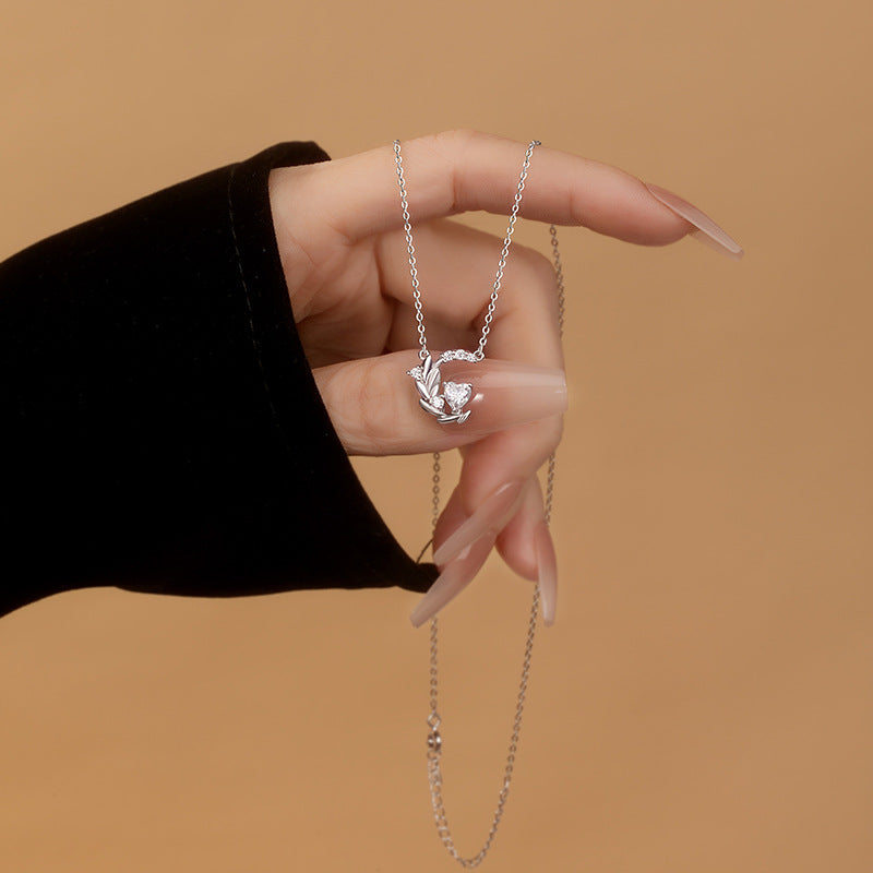 Light-Changing Heart Stone Leaf S925 Sterling Silver Necklace UV Color-Changing Crescent Clavicle Chain Niche Girl Heart Jewelry