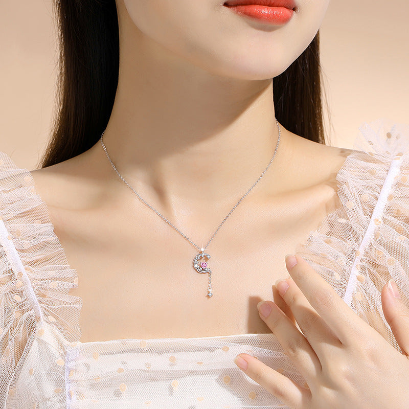 Moon Sterling Silver 925 Necklace Female Niche Design Light Luxury Tassel Clavicle Chain Get Things Ins Style Love Pendant