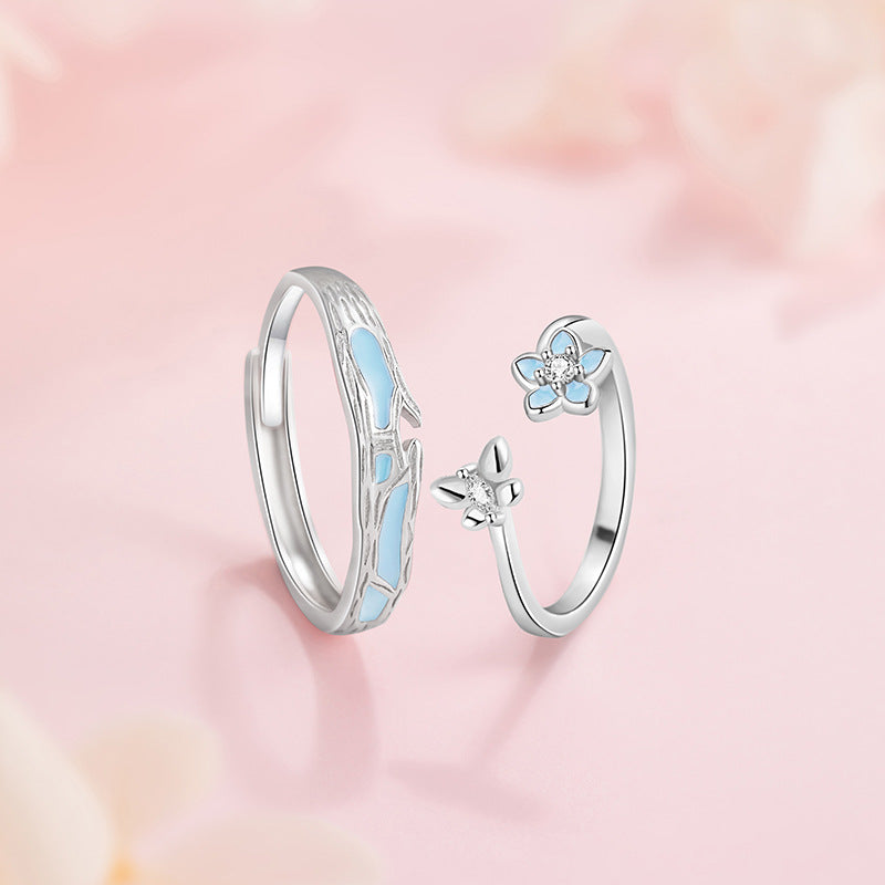 Butterfly Sterling Silver 925 Luminous Couple Ring Light Luxury High-Grade Flower Ring Ins Style Valentine's Day Peach Blossom Ring