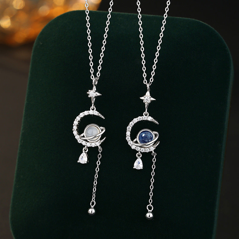 Planet S925 Sterling Silver Necklace Ins Style Natural White Agate Glass Stone Moon Pendant Star Tassel Clavicle Chain