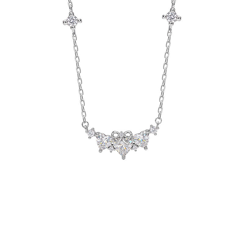 S925 Sterling Silver Bow Love Necklace Women's Heart-Shaped Zircon Clavicle Chain Light Luxury III Love Valentine's Day Gift