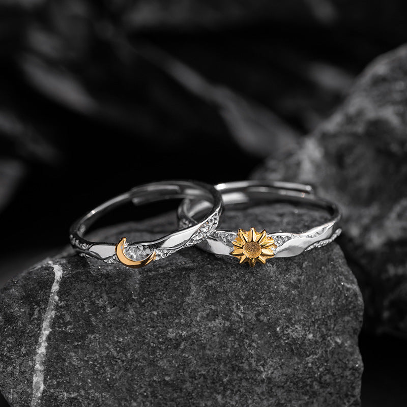 Sun Moon Tonghui Pure Silver 999 Couple Ring Men and Women Niche Design Light Luxury Moon Ring Ins Sun Ring