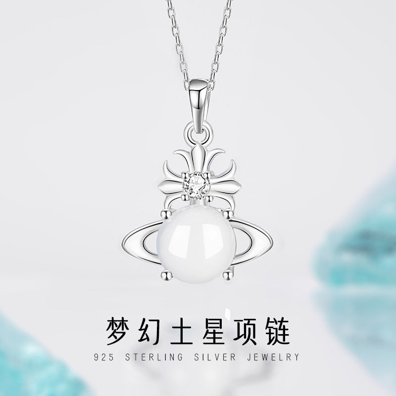 Fantasy Saturn Sterling Silver 925 Necklace Women's Light Luxury High-Grade Chalcedony Planet Clavicle Chain Ins Style Star Pendant