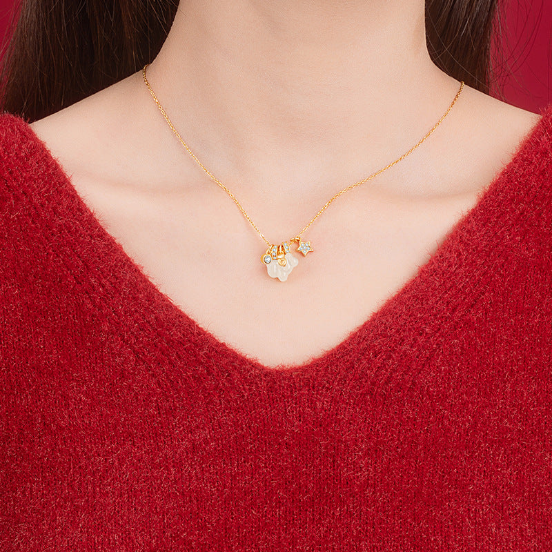 Collana in argento sterling 925 – fiore e stella e giada Hetian