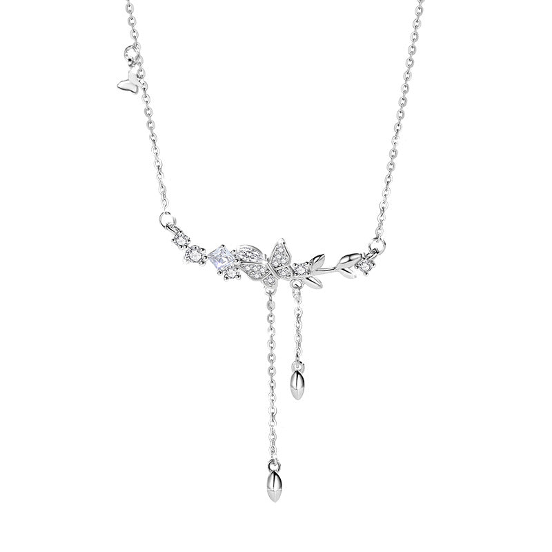 Butterfly Sterling Silver 925 Necklace Female Personality Fashion Versatile Zircon Clavicle Chain Ins Delogistics Su Flower Pendant