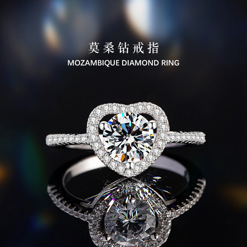 Heart-Shaped Sterling Silver 925 Diamond Ring Women's Light Luxury High-Grade Wedding Proposal Ring Heart-Shaped Hollow Ring