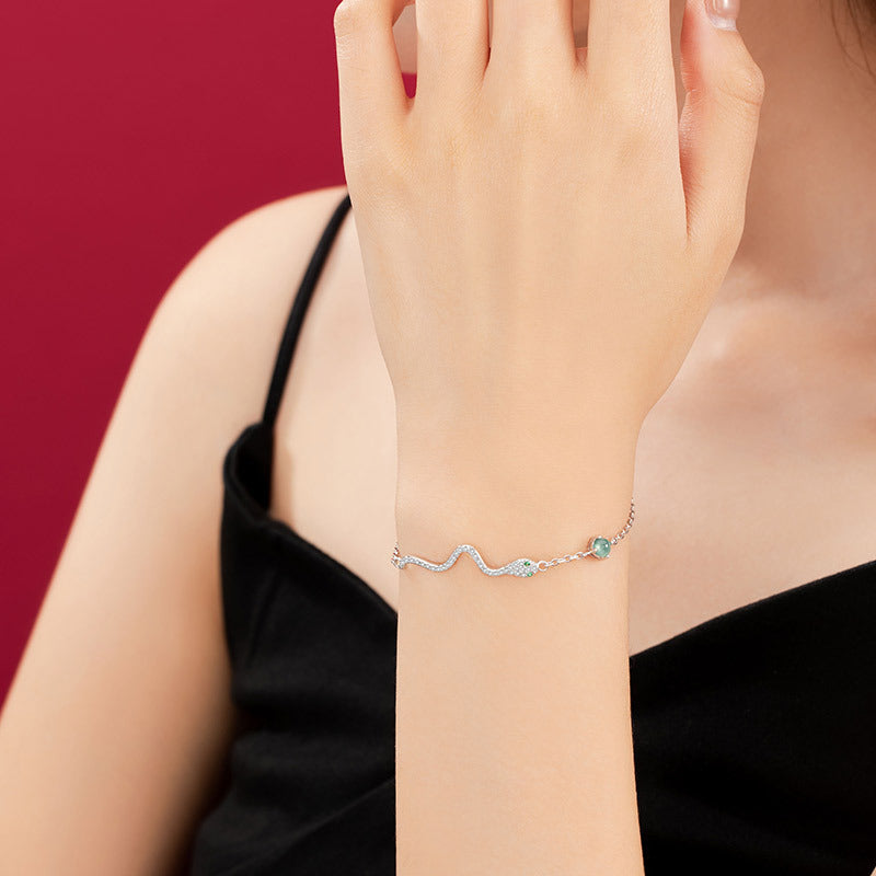 Greedy Snake Sterling Silver 925 Bracelet Light Luxury High-Grade Dangerous Material Jade Birth Year Bracelet Ins Style Zodiac Bracelet