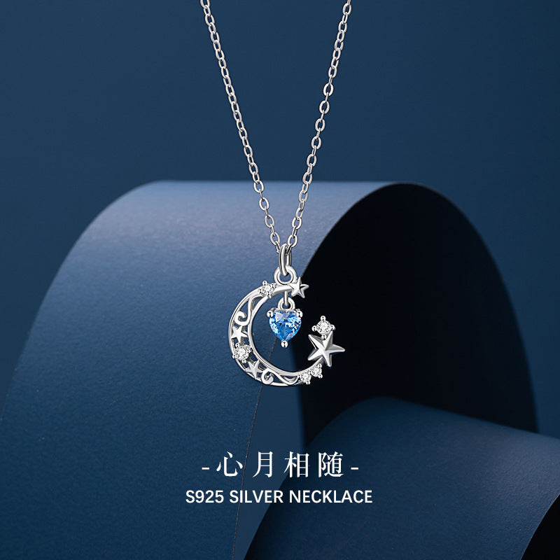 Star Sterling Silver 925 Necklace Female Niche Design Light Luxury Heart Zircon Clavicle Chain Ins Style Moon Pendant