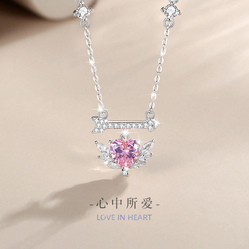 Women's 925 Sterling Silver Necklace with One Arrow, Fashionable All-Match Angel Wings Clavicle Chain, INS Love Pendant