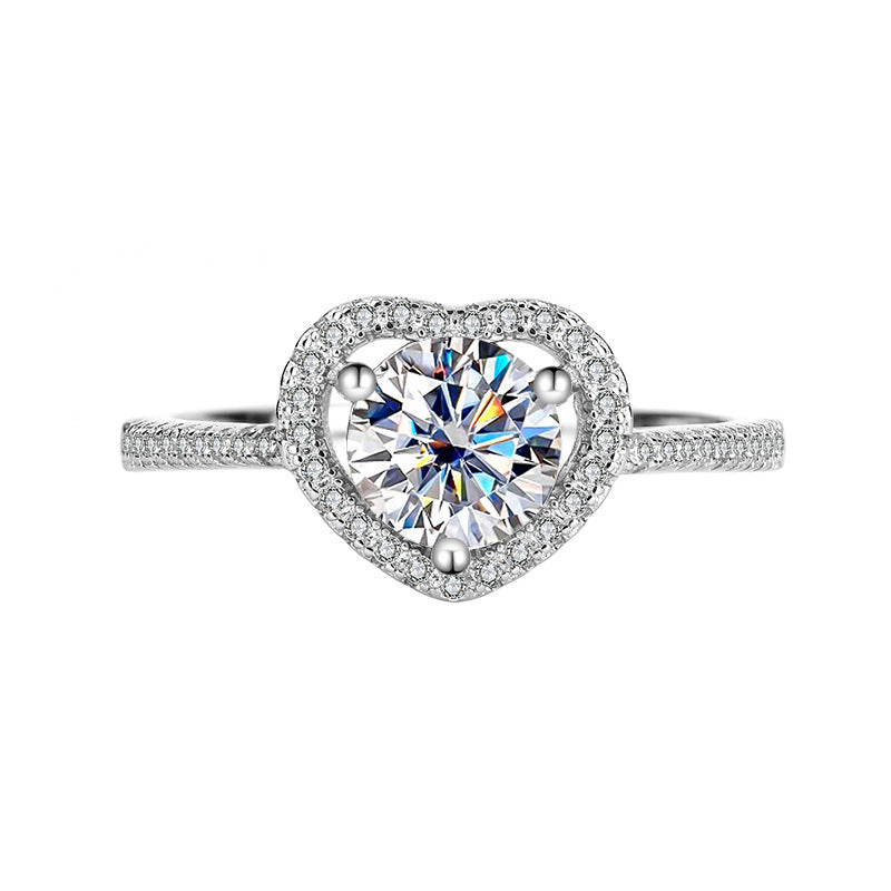 Heart-Shaped Sterling Silver 925 Diamond Ring Women's Light Luxury High-Grade Wedding Proposal Ring Heart-Shaped Hollow Ring