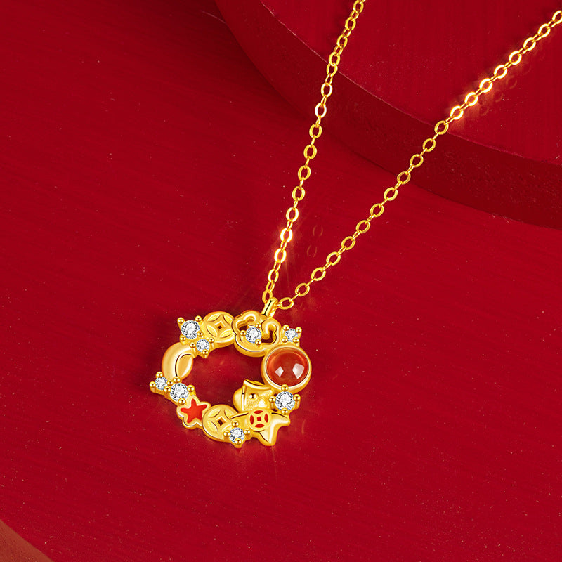 Immediately Rich Flower Sterling Silver 925 Necklace Female New Chinese Red Agate Lucky Clavicle Chain Zodiac Pendant