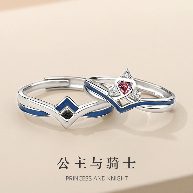 Princess and Knight Sterling Silver 925 Couple Ring Light Luxury High-Grade Love Ring Ins Style Crown Zircon Ring