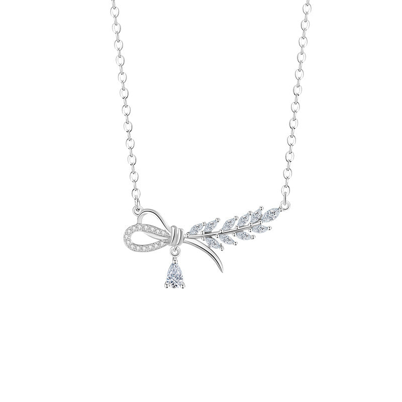 Wheat Ear Sterling Silver 925 Necklace Women's Fashion All-Match Zircon Bow Clavicle Chain Ins Style Laurel Goddess Pendant