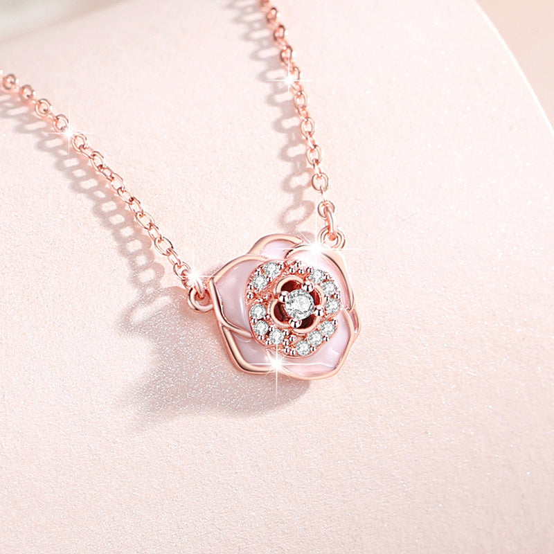 Camellia Sterling Silver 925 Necklace for Women, Niche Design, Light Luxury Clavicle Chain, INS Style Flower Zircon Pendant