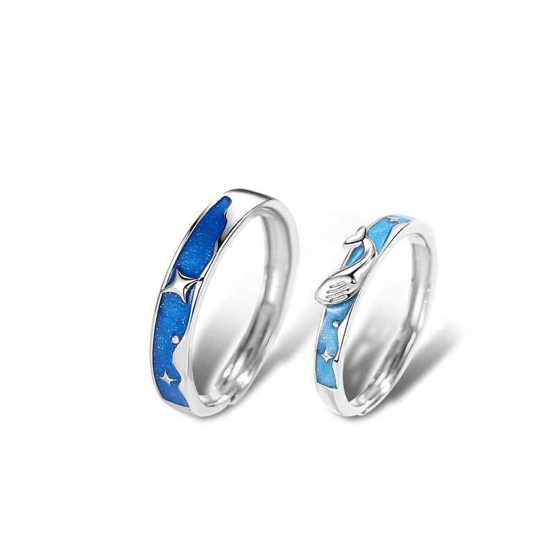 Original Design Whale Couple Ring Pair S925 Silver Artistic Air-Cooled Enamel Star Pair Ring Open Mouth Generation Hair