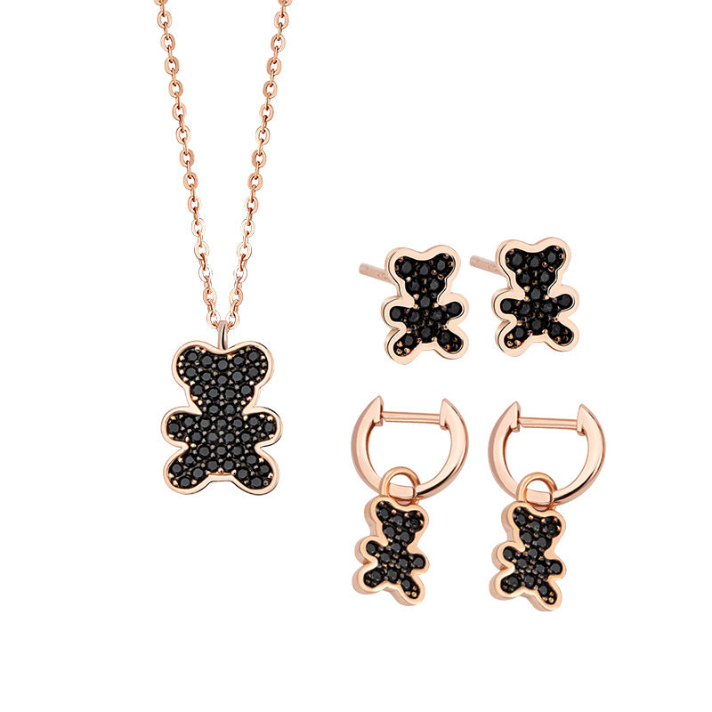 Cute Teddy Bear Sterling Silver 925 Necklace Women's Light Luxury High-Grade Full Diamond Zircon Clavicle Chain Ins Style Love Pendant