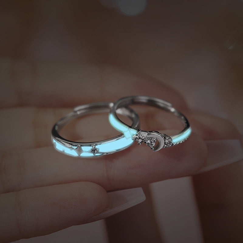 Star Sterling Silver 925 Luminous Couple Ring Men and Women Fashion All-Match Zircon Ring Thing Ins Moon Ring