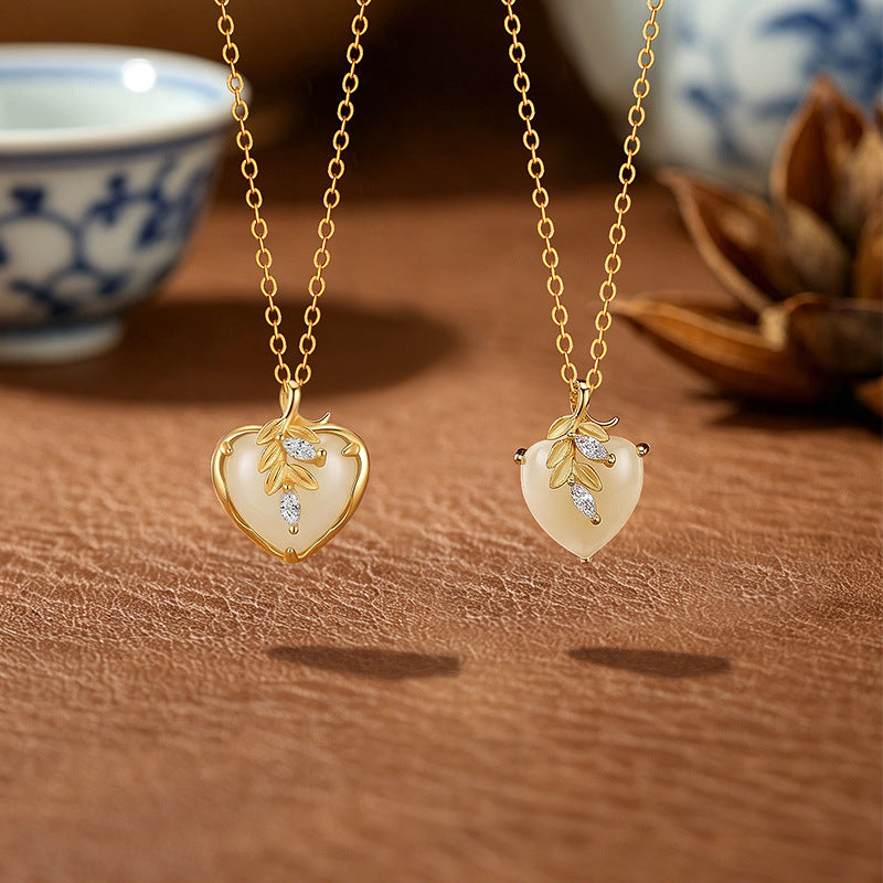 S925 Sterling Silver Necklace for Women Happy Love Hetian Jade Wheat Ear Pendant National Style Clavicle Chain Valentine's Day Gift