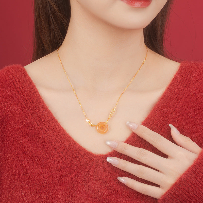 Ring Buckle Sterling Silver 925 Necklace Women's Light Luxury High-Grade Sugar Onyx Clavicle Chain Pig Nose Pendant